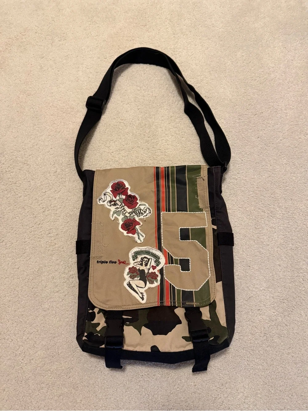 Triple Five Soul Tan, Green & Black Patchwork Messenger Bag